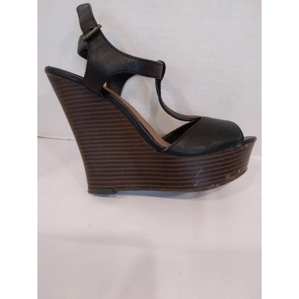 Candies Macao Platform Wedge‎ Sandals Black Peep Toe T Strap Y2K Goth Date Night